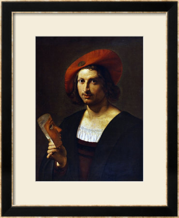 Portrait Of A Young Man Wearing A Wide-Brimmed Red Hat With A Badge, And Holding A Mask by Pietro Paolini Pricing Limited Edition Print image
