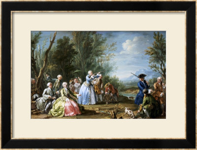 Two Court Ladies Out Shooting With Their Retinue In A Wooded River Landscape by Amigoni Jacopo Pricing Limited Edition Print image