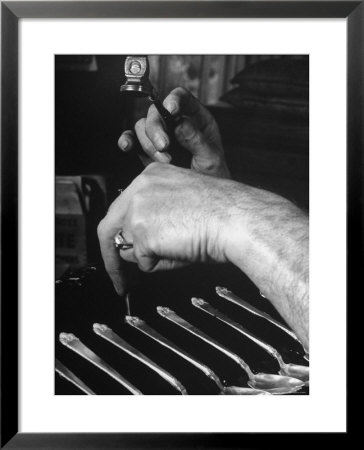 Man Chiseling Designs Into Spoon Handles At The Watson Silver Co. Factory by Dmitri Kessel Pricing Limited Edition Print image