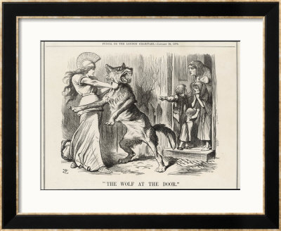 Erin Bravely Tussles With The Wolf Of Starvation To Rescue The Poor People Of Ireland by John Tenniel Pricing Limited Edition Print image