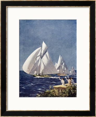 Scene At Cowes Regatta, Sailing Ships Fly Past As The Wind Fills Their Billowing White Sails by T. Friedenson Pricing Limited Edition Print image
