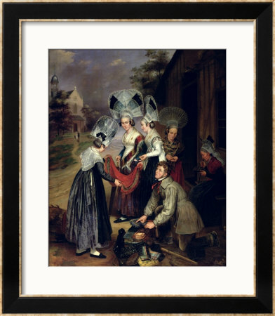 A Peddler Selling Scarves To Women From Troyes by Henri Valton Pricing Limited Edition Print image