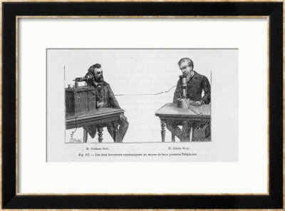 Imaginary Conversation Between Alexander Graham Bell And Elisha Gray Using Their Telephone Devices by P. Fouche Pricing Limited Edition Print image