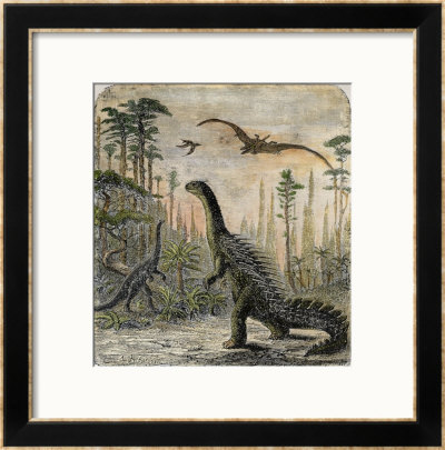 Dinosaurs Of The Jurassic Period: A Stegosaurus With A Compsognathus In The Background by A. Jobin Pricing Limited Edition Print image
