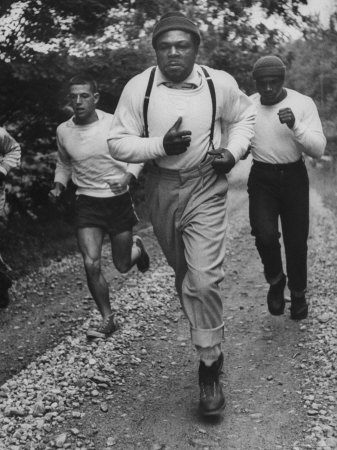 Boxer Archie Moore, Running With Local High School Runner And Sparring Partner, At Training Camp by Grey Villet Pricing Limited Edition Print image