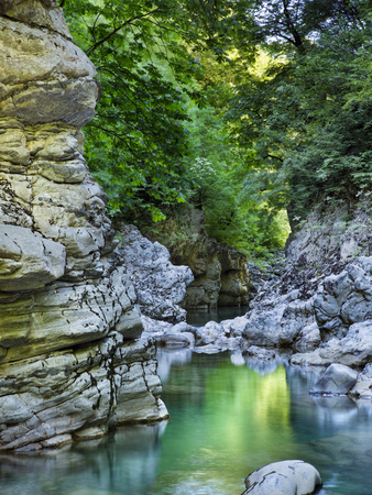 The Crystal Clear Water Of The Voidomatis River Reflects The Vibrant Spring Greens In The Vikos Gor by Lizzie Shepherd Pricing Limited Edition Print image