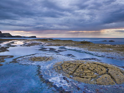 Rock Formations On The Shale Shelf At Saltwick Bay, With Stormy Clouds And Rain Showers, North York by Lizzie Shepherd Pricing Limited Edition Print image