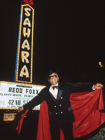 Comedian Redd Foxx Stands In Front Of His Marquee, Sahara Hotel And Casino by Vandell Cobb Pricing Limited Edition Print image