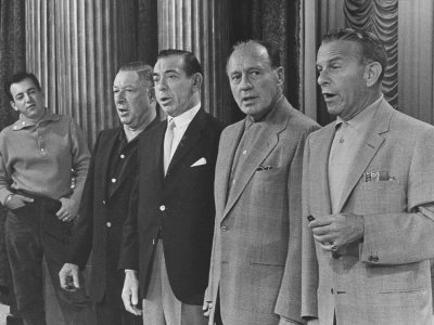 Singer Bobby Darin Rehearsing For Tv With George Jessel, Eddie Cantor, Jack Benny And George Burns by Allan Grant Pricing Limited Edition Print image