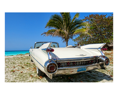 Classic 1959 White Cadillac Auto On Beautiful Beach Of Veradara, Cuba by Bill Bachmann Pricing Limited Edition Print image