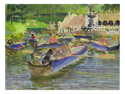 Watercolor Painting Of Boats On In The Water At Central Park In New York City by Images Monsoon Pricing Limited Edition Print image
