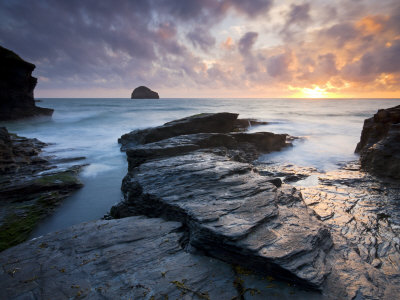 Trebarwith Strand And Gull Rock At Sunset, Cornwall, England, United Kingdom, Europe by Adam Burton Pricing Limited Edition Print image