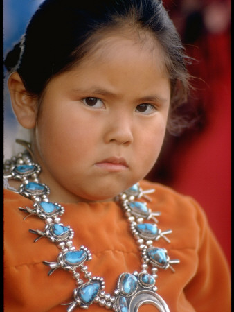 Navajo Child Modeling Turquoise Squash Blossom Necklace Made By Native Americans by Michael Mauney Pricing Limited Edition Print image