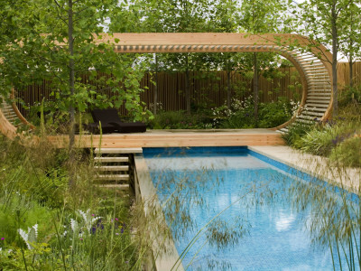 Chelsea Flower Show 2006: Cancer Research Garden, Designer: Andy Sturgeon, Blue Swimming Pool by Clive Nichols Pricing Limited Edition Print image