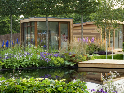 Hampton Court Flower Show 2006: Designer - Thomas Hoblyn, Pond With Wooden Decking And Summerhouse by Clive Nichols Pricing Limited Edition Print image