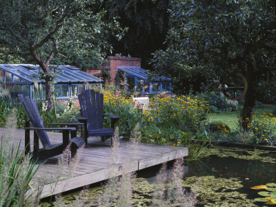 View Over Lily Pool To Wooden Deck With Adirondack Chairs, Designer: Duncan Heather by Clive Nichols Pricing Limited Edition Print image