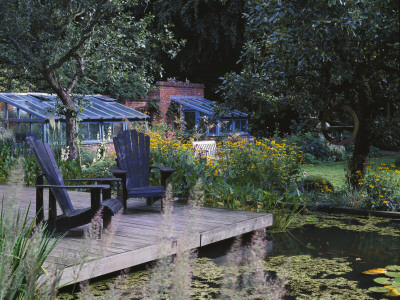 View Over Lily Pool To Wooden Deck With Adirondack Chairs, Designer: Duncan Heather by Clive Nichols Pricing Limited Edition Print image