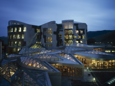 The Scottish Parliament, Edinburgh, Scotland, Garden Foyer In Fore At Dusk, Architect: Embt-Rmjm by Nicholas Kane Pricing Limited Edition Print image