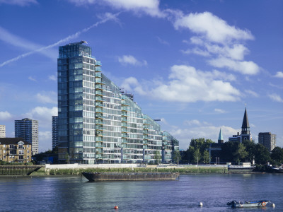 Montevetro Apartments, Thames Riverside, Battersea - View From Across River With Barge by Richard Bryant Pricing Limited Edition Print image