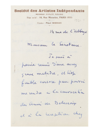 Lettre Autographe À Jean Sergent, 14 Rue De L'abbaye 1931 ? by Paul Signac Pricing Limited Edition Print image