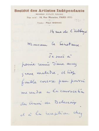 Lettre Autographe A Jean Sergent, 14 Rue De L'abbaye 1931 ? by Paul Signac Pricing Limited Edition Print image
