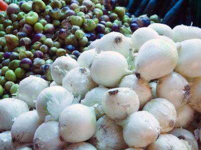 Onions And Tomatillos, San Miguel De Allende, Guanajuato State, Mexico by Julie Eggers Pricing Limited Edition Print image