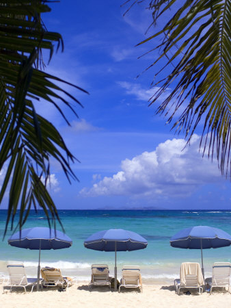 Umbrellas On Beach, St. Maarten, Caribbean by Michael Defreitas Pricing Limited Edition Print image