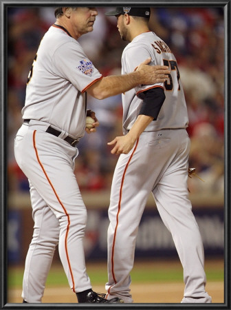 San Francisco Giants V Texas Rangers, Game 3: Bruce Bochy,Jonathan Sanchez by Ronald Martinez Pricing Limited Edition Print image