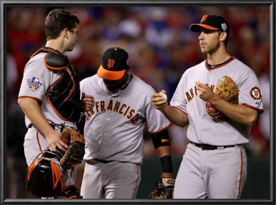 San Francisco Giants V Texas Rangers, Game 4: Madison Bumgarner,Buster Posey,Juan Uribe by Christian Petersen Pricing Limited Edition Print image