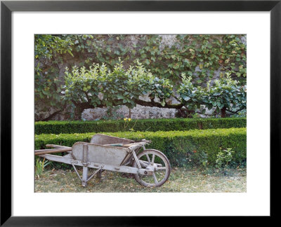 Wooden Barrow Against Low Clipped Box Hedges With Pleached Apple Trees; Old Grey Stone Wall by Martine Mouchy Pricing Limited Edition Print image