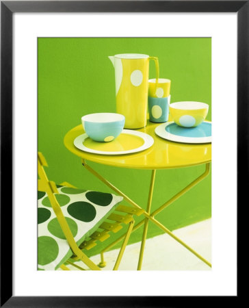 Bowls, Beakers And Coffee Pot On Yellow Metal Table by Benedetta Spinelli Pricing Limited Edition Print image