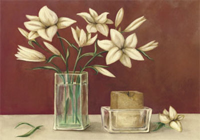 White Flowers And Candle In Vase by Julio Sierra Pricing Limited Edition Print image