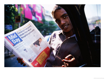 Boy Selling Newspapers Through Taxi Window, Mumbai, India by Peter Ptschelinzew Pricing Limited Edition Print image