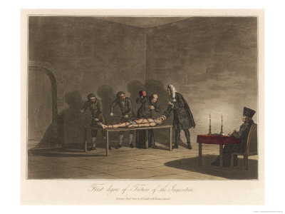 First Degree Of Torture Of The Inquisition, The Victim Is Bound On A Table by L.C. Stadler Pricing Limited Edition Print image