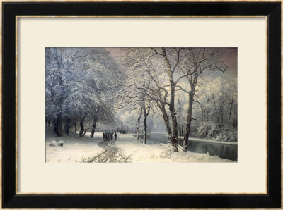 A Winter Landscape With Horses And Carts By A River, 1882 by Anders Andersen-Lundby Pricing Limited Edition Print image
