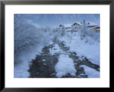 Snow Covered River And Houses, Mayrhofen Ski Resort, Zillertal Valley, Austrian Tyrol, Austria by Christian Kober Pricing Limited Edition Print image