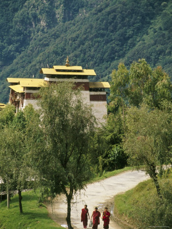 Monks Walking From Tongsa Dzong, Tongsa, Himalayan Kingdom, Bhutan by Lincoln Potter Pricing Limited Edition Print image