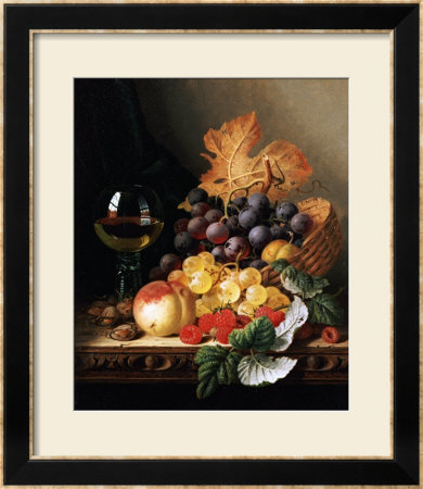A Basket Of Grapes, Raspberries, A Peach And A Wine Glass On A Table by Edward Ladell Pricing Limited Edition Print image