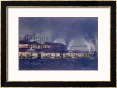 An Engine Driver's View Of The Station As He Approaches It At Night, A Picture by Holland Browne Pricing Limited Edition Print image