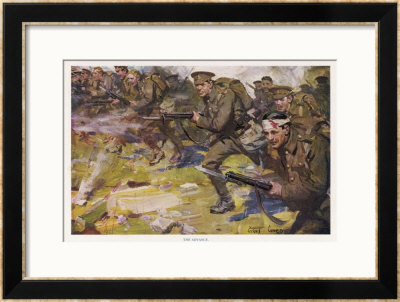During World War One British Infantry Though Some Are Wounded Advance With Fixed Bayonets by Cyrus Cuneo Pricing Limited Edition Print image