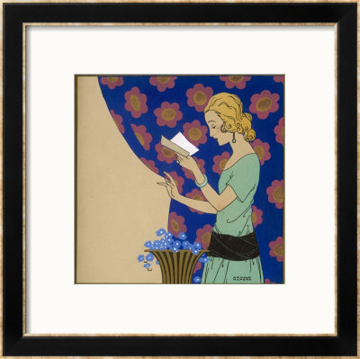 She Reads A Letter Above A Vase Of Blue Flowers by Armand Rapeno Pricing Limited Edition Print image