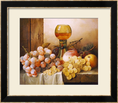 Grapes, Apple, Plums And Peach With Hock Glass On Draped Ledge by Edward Ladell Pricing Limited Edition Print image