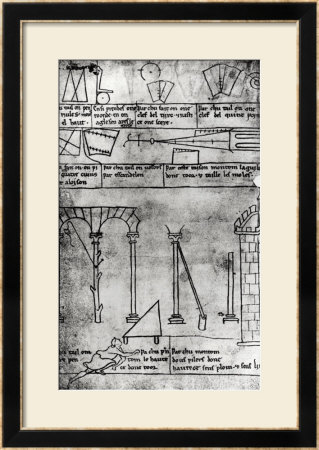 Geometrical Figures For Construction, Arches And Man Measuring The Height Of A Tower by Villard De Honnecourt Pricing Limited Edition Print image