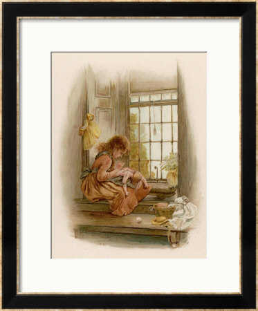 Girl Sits In A Window-Seat Mending Her Doll by M. Ellen Edwards Pricing Limited Edition Print image