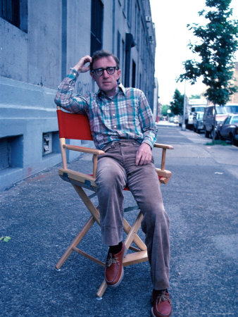 Actor/Director Woody Allen Sitting In Director's Chair On Sidewalk During Shooting Of His Film by David Mcgough Pricing Limited Edition Print image