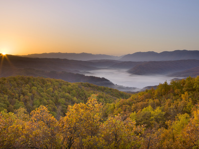 Autumn Sunrise In Zagoria With The Village Of Kipi And A Mist Filled Valley Below, Epirus, Greece, by Lizzie Shepherd Pricing Limited Edition Print image