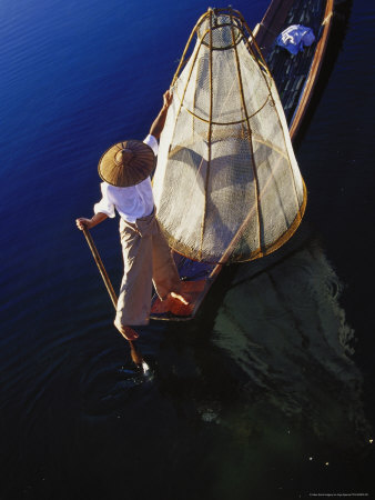 Fisherman, Leg Rower, Boat, Fish Trap, Inle Lake by Inga Spence Pricing Limited Edition Print image