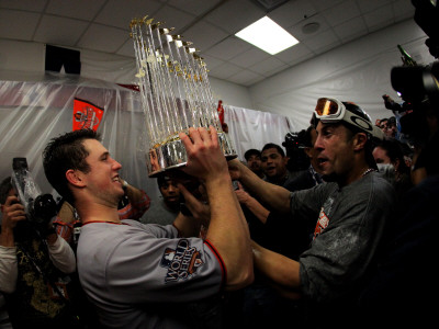 Texas Rangers V. San Francisco Giants, Game 5:  Giants Celebrate 3-1 Victory Buster Posey, Andres T by Doug Pensinger Pricing Limited Edition Print image