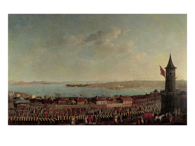 View Of Constantinople With A Procession Of Janissaries Passing The Galata Tower by Jean Baptiste Vanmour Pricing Limited Edition Print image
