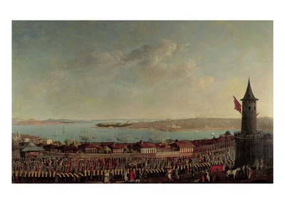 View Of Constantinople With A Procession Of Janissaries Passing The Galata Tower by Jean Baptiste Vanmour Pricing Limited Edition Print image